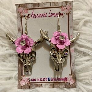 Silver bull, pink flower, cowgirl earrings